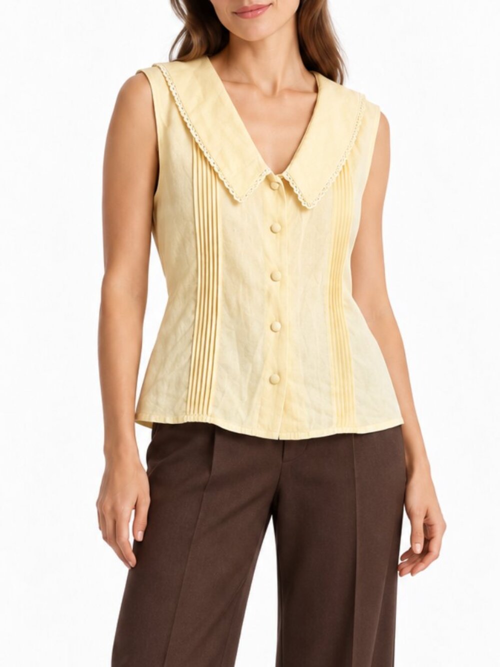 Joie NWT Yellow Linen Blend Pintuck Lace Collar Button Front Blouse Size Large